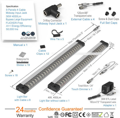 EBD LED Light Bar Built-in Adjustable Cable 12 Pcs Corner Input Under-Counter Light fixtures Work Bench linkable Touch Lights 3000K 5400 Lm Super Bright for Pantry Garage Shelves Closet Shelf