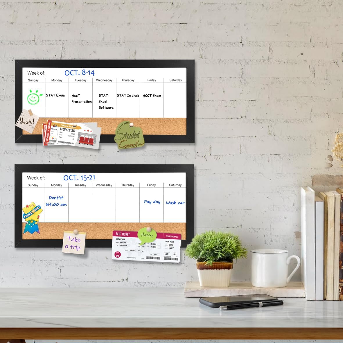 Magnetic Weekly Dry Erase White Board and Cork Board, Black Wood Frame，Magnetic Surface Whiteboard for Home Office and Wall Decor(ZHZL-2040BK)