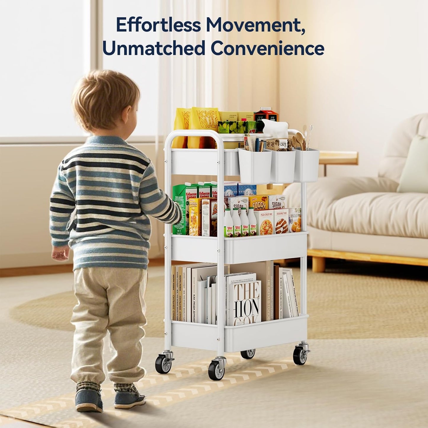 YASONIC 3 Tier Rolling Cart - Metal Utility Cart with Wheels, Hanging Cups, Hooks, Heavy Duty Mesh Rolling Storage Cart Organizer, Craft Cart for Kitchen Office, Lightweight and Sturdy
