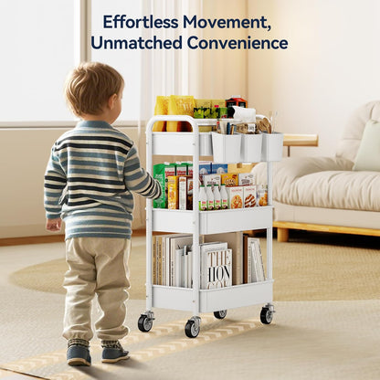 YASONIC 3 Tier Rolling Cart - Metal Utility Cart with Wheels, Hanging Cups, Hooks, Heavy Duty Mesh Rolling Storage Cart Organizer, Craft Cart for Kitchen Office, Lightweight and Sturdy