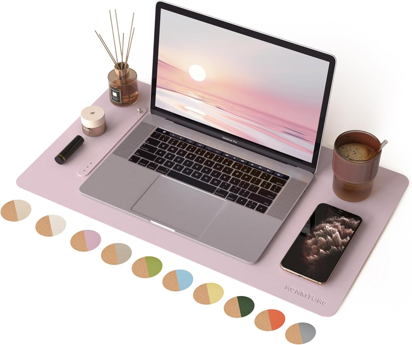 RENMTURE Desk Pad, Cork & PU Leather Desk Mat, Large Mouse pad, Non-Slip Desk Protector and Blotter, Waterproof Writing Pad, Desk Accessories and Organizers for Home Office (Light Yellow, 32"x16")