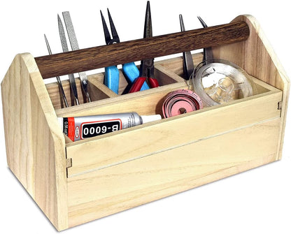 Ikee Design Small Natural Wood Color Wooden Craft Tool Box Caddy with a Handle for Storage Tool, Makeup, Collections with 5 Compartments for Storage and Organizing, 10 W x 5.1 D x 3.5 H in