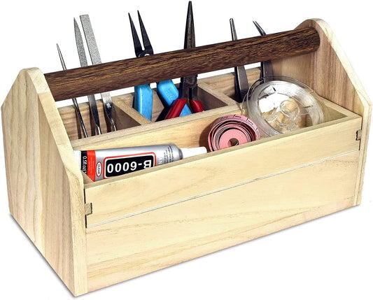 Ikee Design Small Natural Wood Color Wooden Craft Tool Box Caddy with a Handle for Storage Tool, Makeup, Collections with 5 Compartments for Storage and Organizing, 10 W x 5.1 D x 3.5 H in