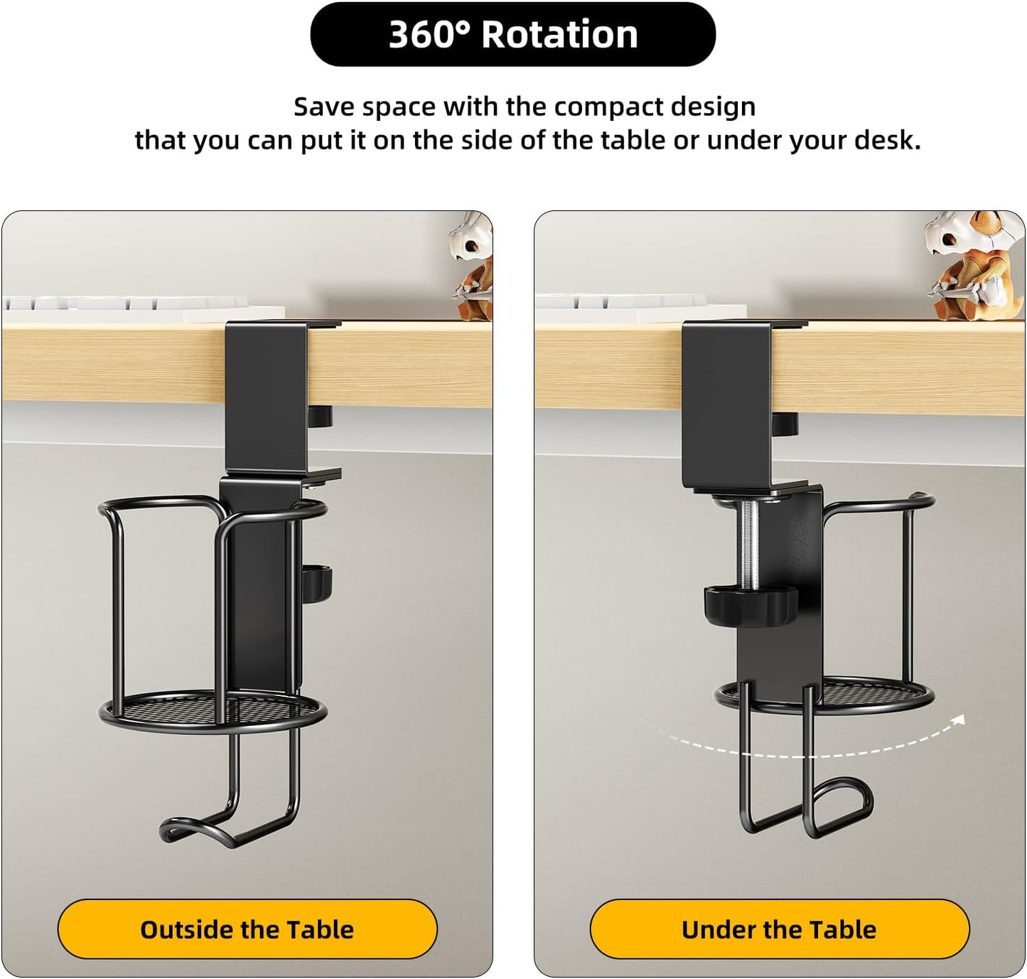 CABTE 2 in 1 Desk Cup Holder with Headphone Hanger Holder, Anti-Spill Clip-On Table Cup Hook with 360° Rotation for Lawn Chair, Office Home Gaming Table (1 Pack)