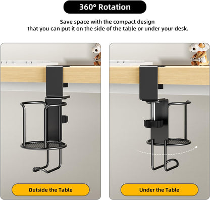 CABTE 2 in 1 Desk Cup Holder with Headphone Hanger Holder, Anti-Spill Clip-On Table Cup Hook with 360° Rotation for Lawn Chair, Office Home Gaming Table (1 Pack)