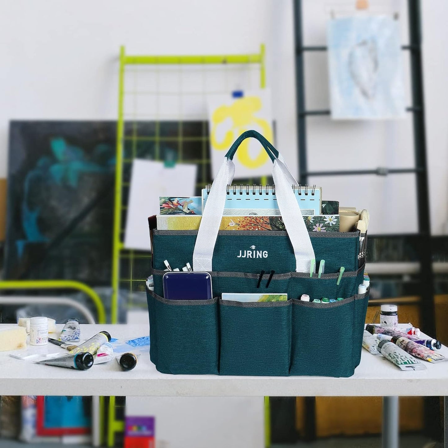 JJRING Craft Organizer Tote Bag for Art Storage, Caddy with Multiple Pockets, Bluish Green Sewing Bag for Scrapbooking, School, Medical, and Office Supplies