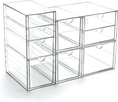 Prsildan Acrylic Drawer Makeup Organizer with 6 Drawers (Not for Baby Bottle), Set of 2 Office Desk Organizers Accessories, Clear Stackable Storage Drawers for Vanity, Craft (Largest Drawer 4" Tall)