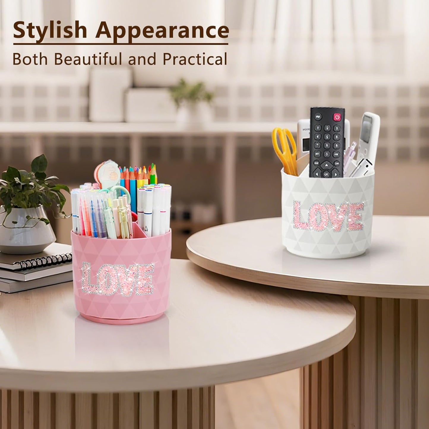 Desk Organizer, 360-Degree Rotating Pencil Pen Holders For Desk, Diamond Pattern Pen Organizer With 5 Compartments, Cute Desk Accessories Decor For Office, School,Home,Art Supply (White)
