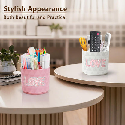 Desk Organizer, 360-Degree Rotating Pencil Pen Holders For Desk, Diamond Pattern Pen Organizer With 5 Compartments, Cute Desk Accessories Decor For Office, School,Home,Art Supply (White)