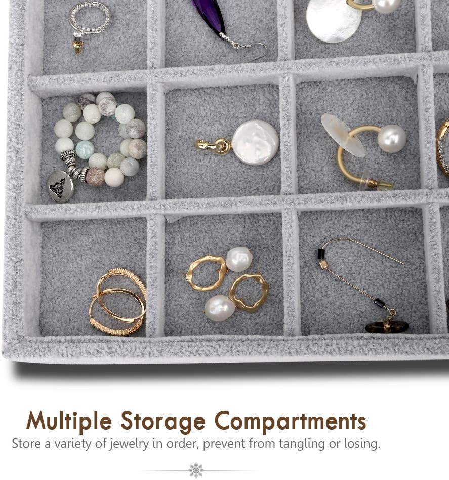 Emibele Glasses Organizer Jewelry Tray, 8 Grids with Clear Lid Velvet Tray Watch Storage Stackable Jewelry Showcase Display Storage with Detachable Inner Dividers, Beige