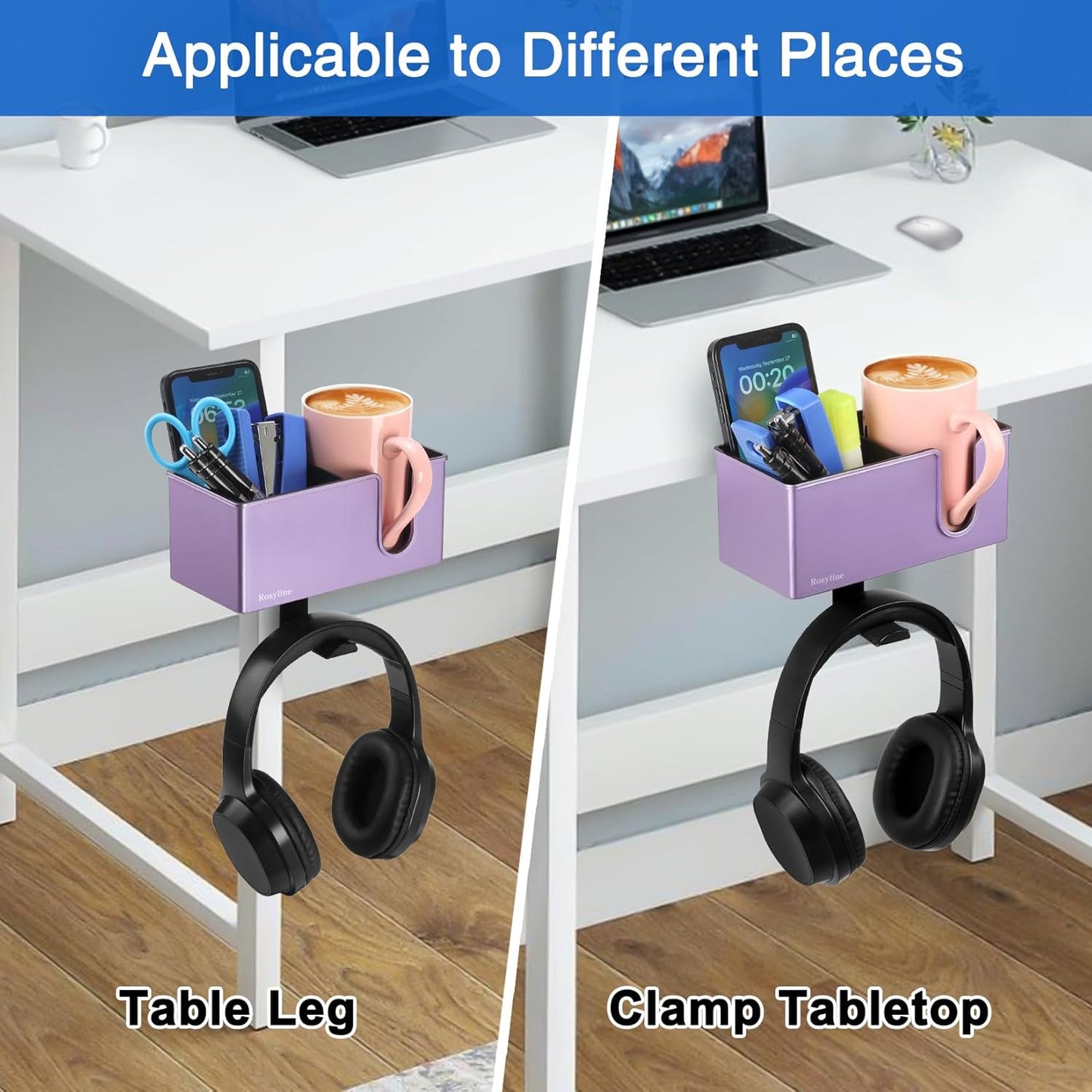 Rosyline 3-in-1 Desk Cup Holder & Clip-on Cup Holder, Clip on Desk Organizer – with Anti-Spill Function, Keeps Your Coffee, Headset, Phone & Pens Within Easy Reach, for Office Desk (Black)