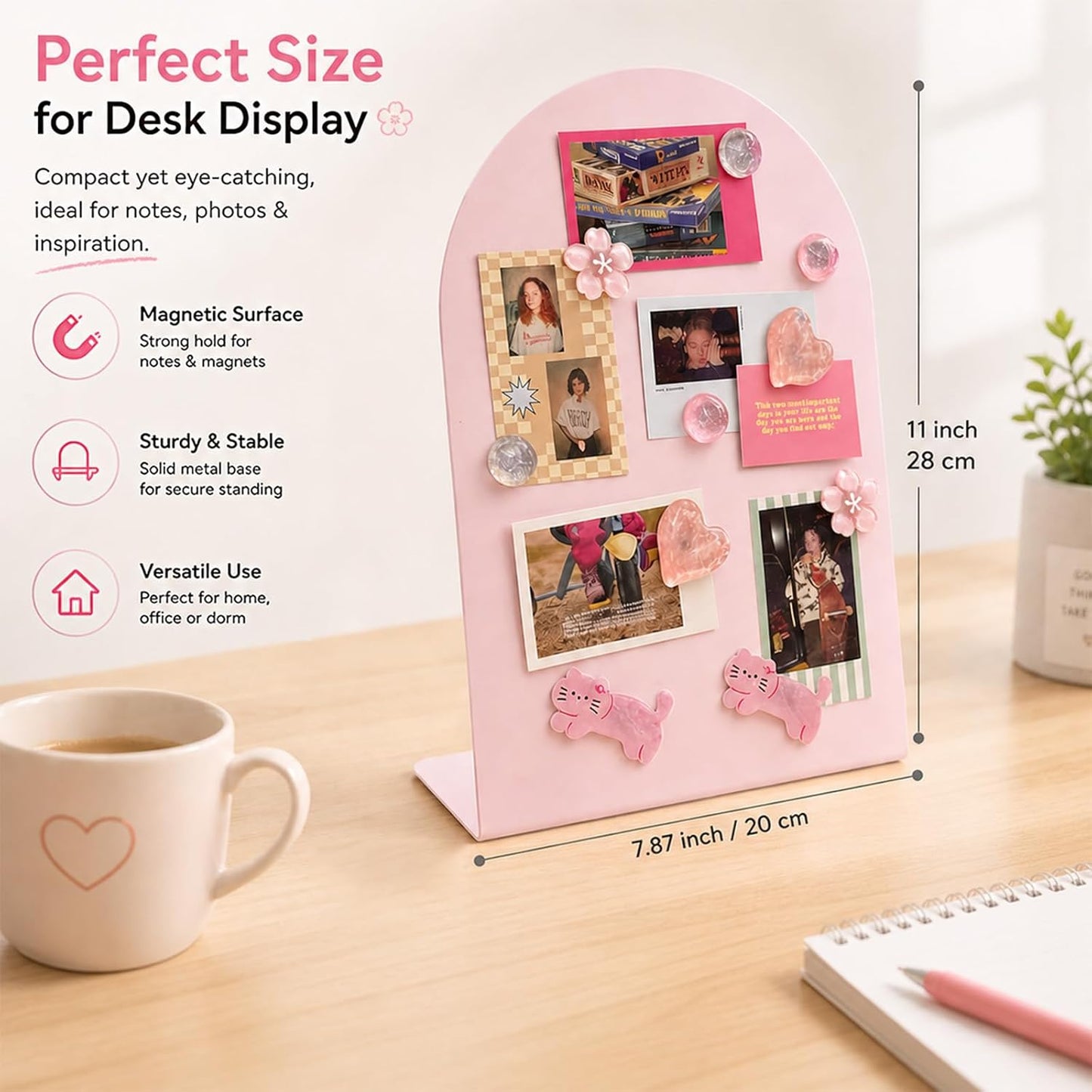 Pink Magnetic Board for Desk, 2 Pack 11×8 Inch Arch Metal Magnet Board with Stand, Memo & Photo Display, 10 Magnets Included, Desk Decor for Girls, Office & Dorm