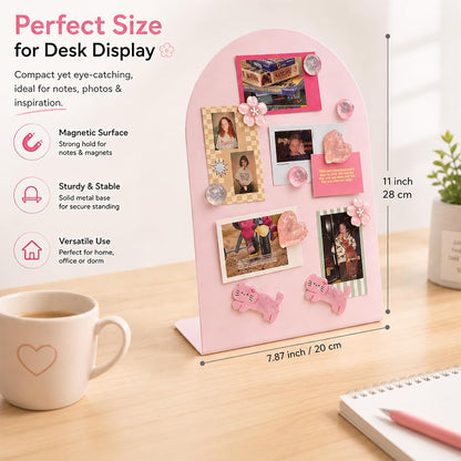 Pink Magnetic Board for Desk, 2 Pack 11×8 Inch Arch Metal Magnet Board with Stand, Memo & Photo Display, 10 Magnets Included, Desk Decor for Girls, Office & Dorm