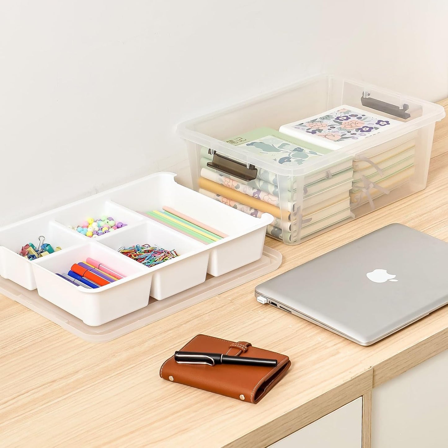 MACOPRO 17QT Craft Storage Box with 2 Removable Caddy Trays, Clear Stackable Plastic Organizer with Lid for Art Supplies, Beads, Sewing Tools, Pens & Kids Toys (White, 1Pack-2-in-1)