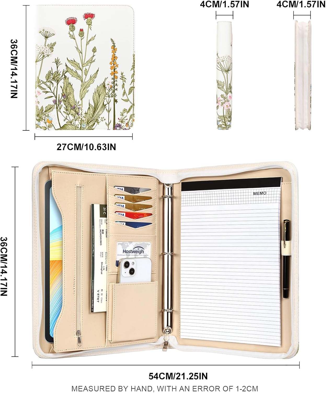Leathario Portfolio Binder, Includes 10 Sheet Protectors and 3 Notepads, 3-Ring Folder Organizer, A4 Padfolio with Zipper, Vegan Leather Tablet Sleeve, Business Office Conference Clipboards
