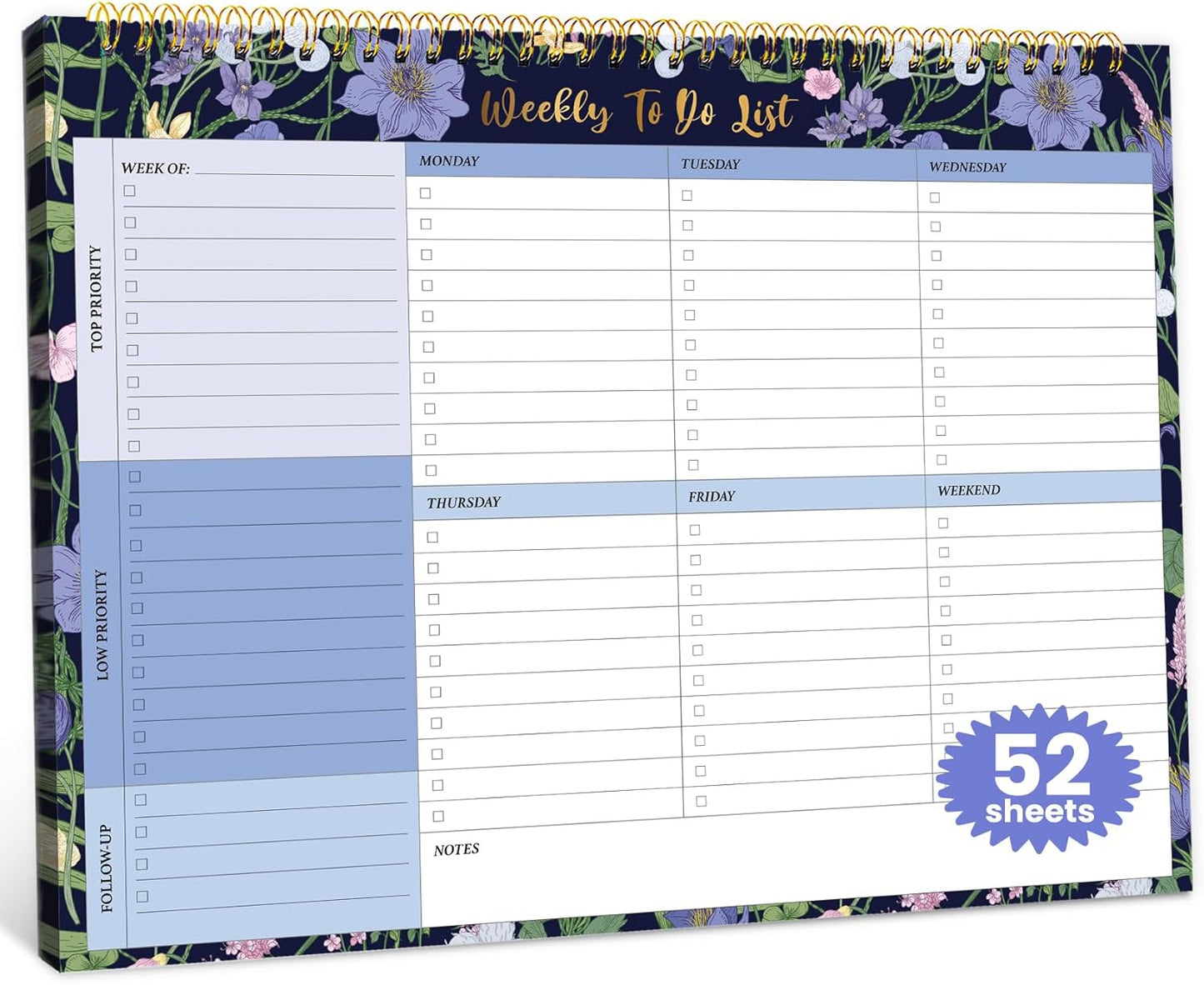 Weekly To Do List Notepad with 52 Undated Sheets（8.5"×11"）- Undated Weekly Planner Notepad for Office Desk Accessories and Supplies - Midnight Lilac
