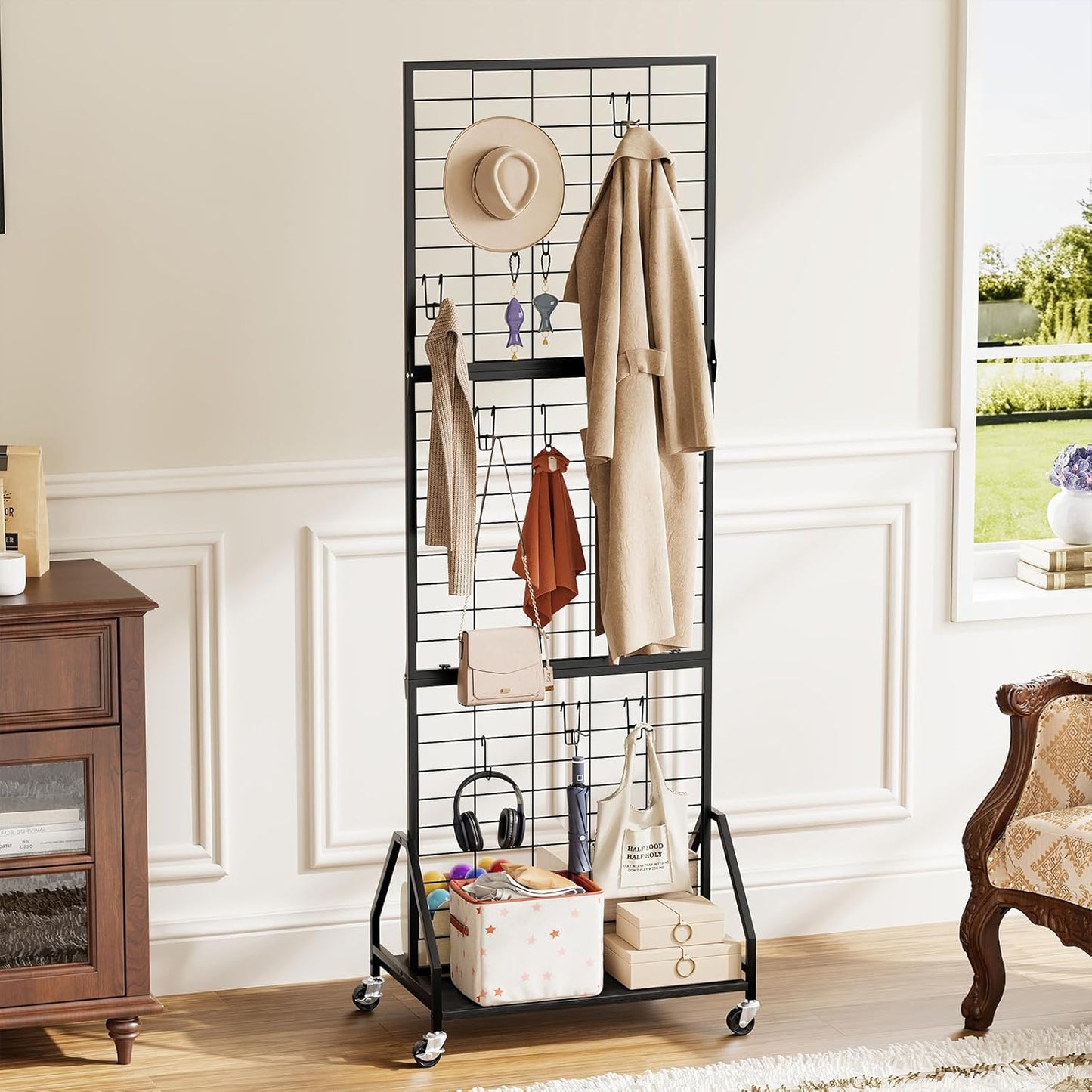 ELYKEN Foldable Grid Wall Panels 5.7' x 2' FT, Movable Wire Gridwall Display Rack with Wheels and Adjustable Foots, Retail Display Stand for Vendor with Storage (Rustic Brown)