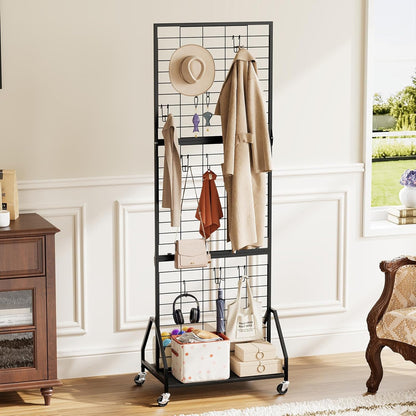 ELYKEN Foldable Grid Wall Panels 5.7' x 2' FT, Movable Wire Gridwall Display Rack with Wheels and Adjustable Foots, Retail Display Stand for Vendor with Storage (Rustic Brown)
