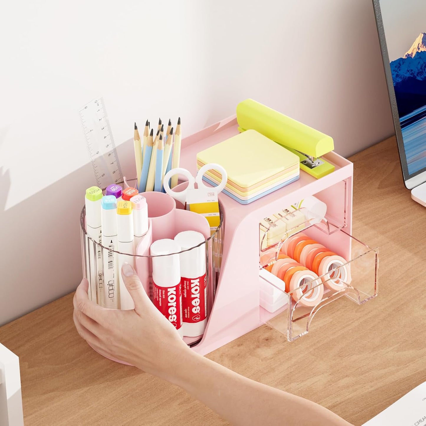 Marbrasse Desk Organizer with 2 Drawer, 360°Rotating Pen Holder, Desk Organizers and Accessories with 6 Slots Pencil Holder + 2 Drawer, Art Supply Storage Box Caddy for Office (Black)