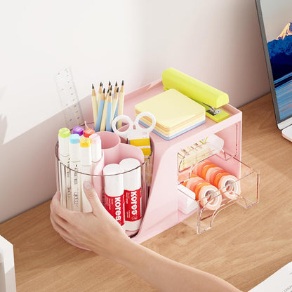 Marbrasse Desk Organizer with 2 Drawer, 360°Rotating Pen Holder, Desk Organizers and Accessories with 6 Slots Pencil Holder + 2 Drawer, Art Supply Storage Box Caddy for Office (Black)