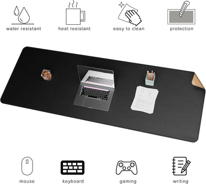 Chihein 2XL 35" x 16" Cork & PU Leather Desk Mat, Dual Sided Desk Pad Protector, Waterproof Writing Blotter for Gaming, Office, Home (Black)