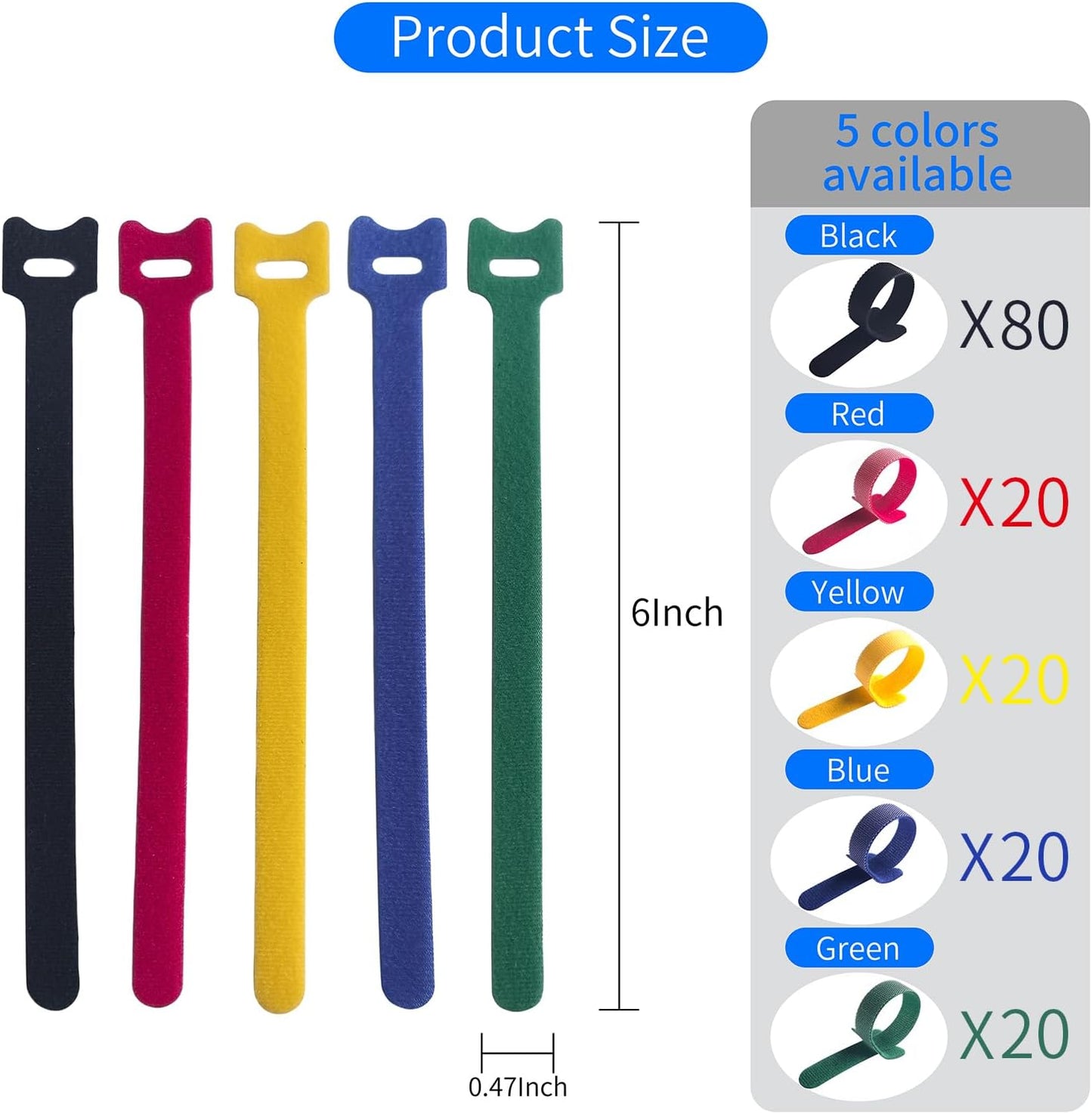 80 PCS 6 Inches Multi-Colour Reusable Cable Ties Cord Straps Multi-Purpose Wire Ties Cord Wrap Hook and Loop Organizer Cable Management,Adjustable Cord Ties for Organizing Home,Office,Data Centers