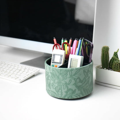 Round Leather Art Supply Organizer,Remote Control Holder,360 Degree Rotating,Multi-Functional Pencil Holder,4 Compartments Desktop Stationary Organizer(1-Fractal Flower) | Round - Colors C