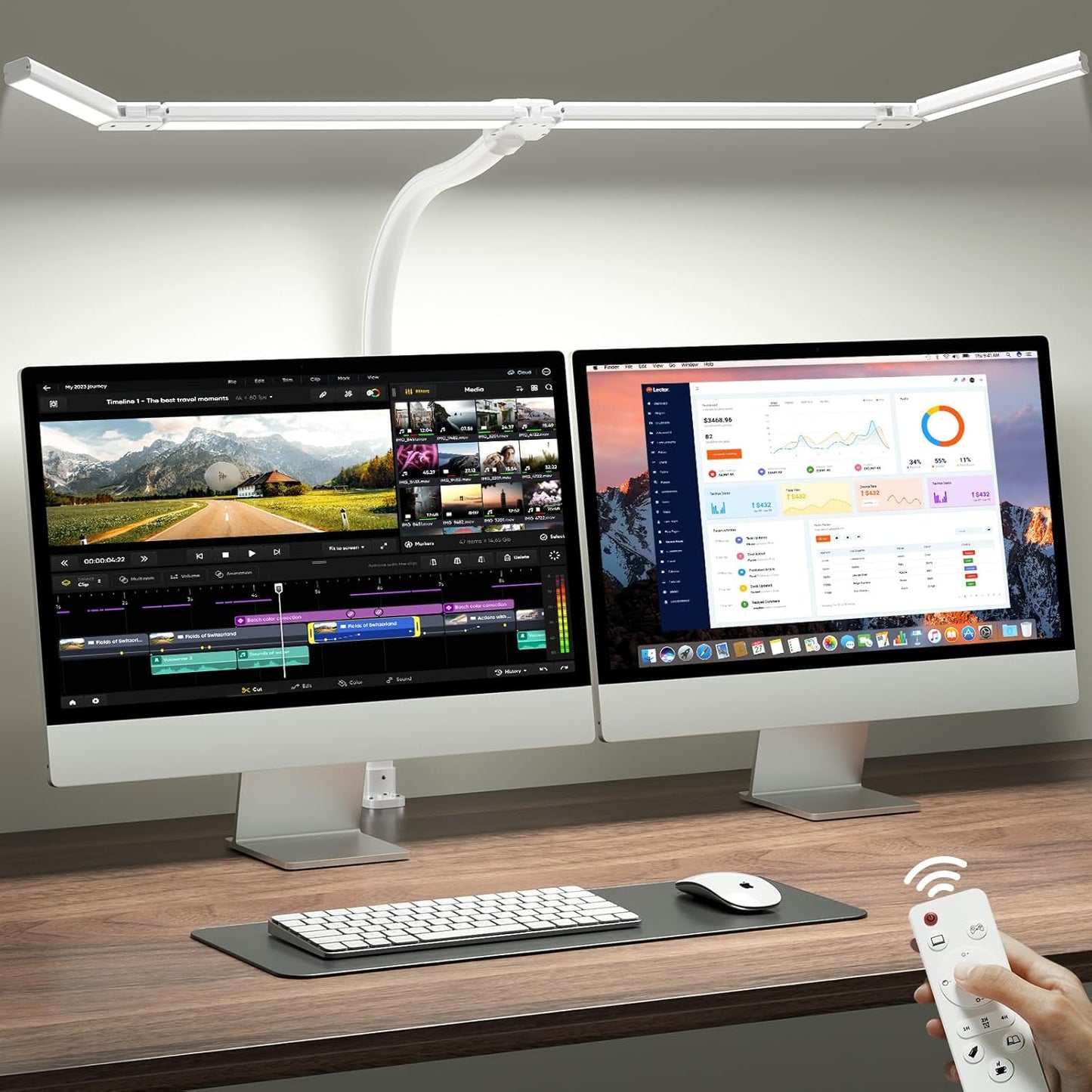 ONEMIX 42" LED Desk Lamp with Clamp, Architect Desk Light with Remote, Adjustable 4-Segment Bar, 1800LM Bright, Eye-Caring Desk Lamp for Home Office, Reading, Study, Dual Monitors, Workbench(Black)