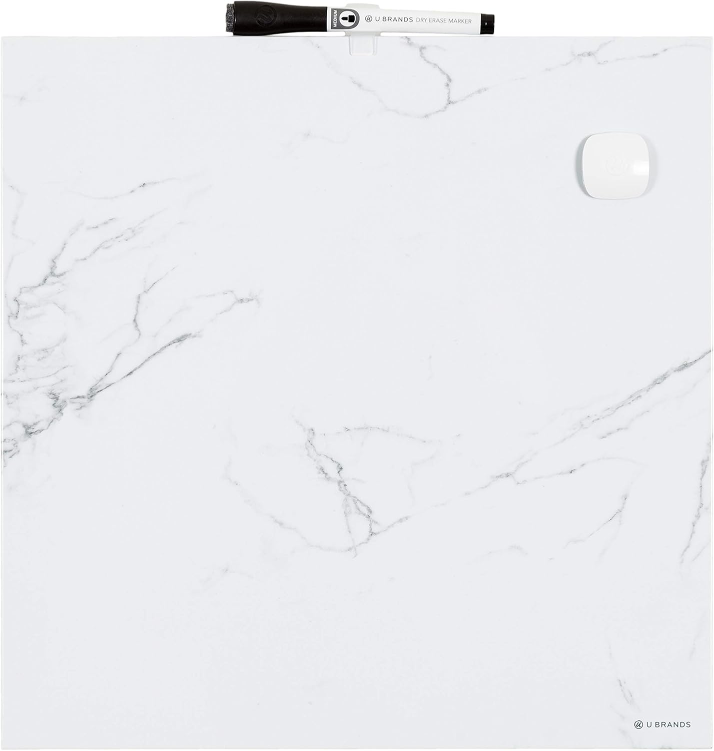 U Brands Magnetic Square Marble Print Dry Erase Board White Board, 14" x 14", Frameless, Includes Magnet and Marker