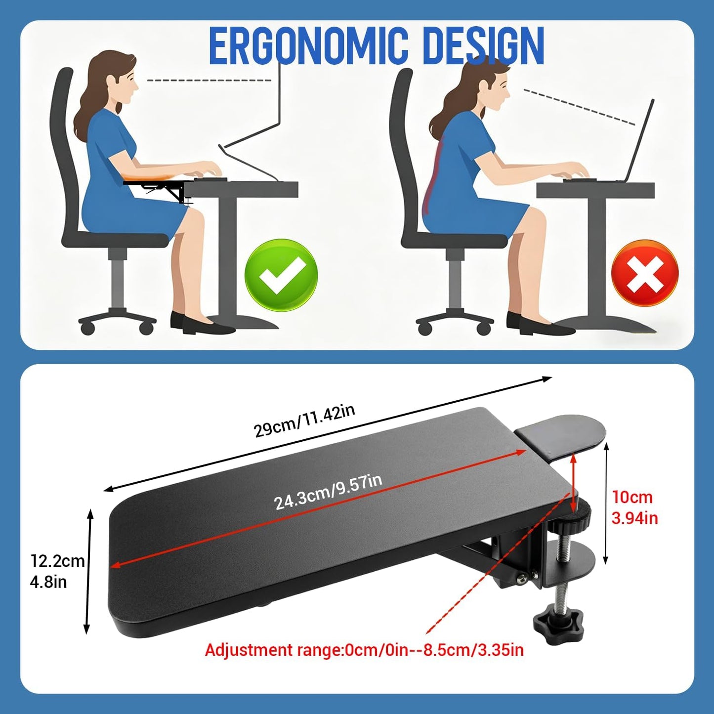 Arm Rest for Desk Elbow Support Black 9.57 x 4.8 Inch,Foldable Computer Desk Armrest Extender Tray,Ergonomic Relieve Stress,Eliminate Pain,Reduce Office Occupational Chronic