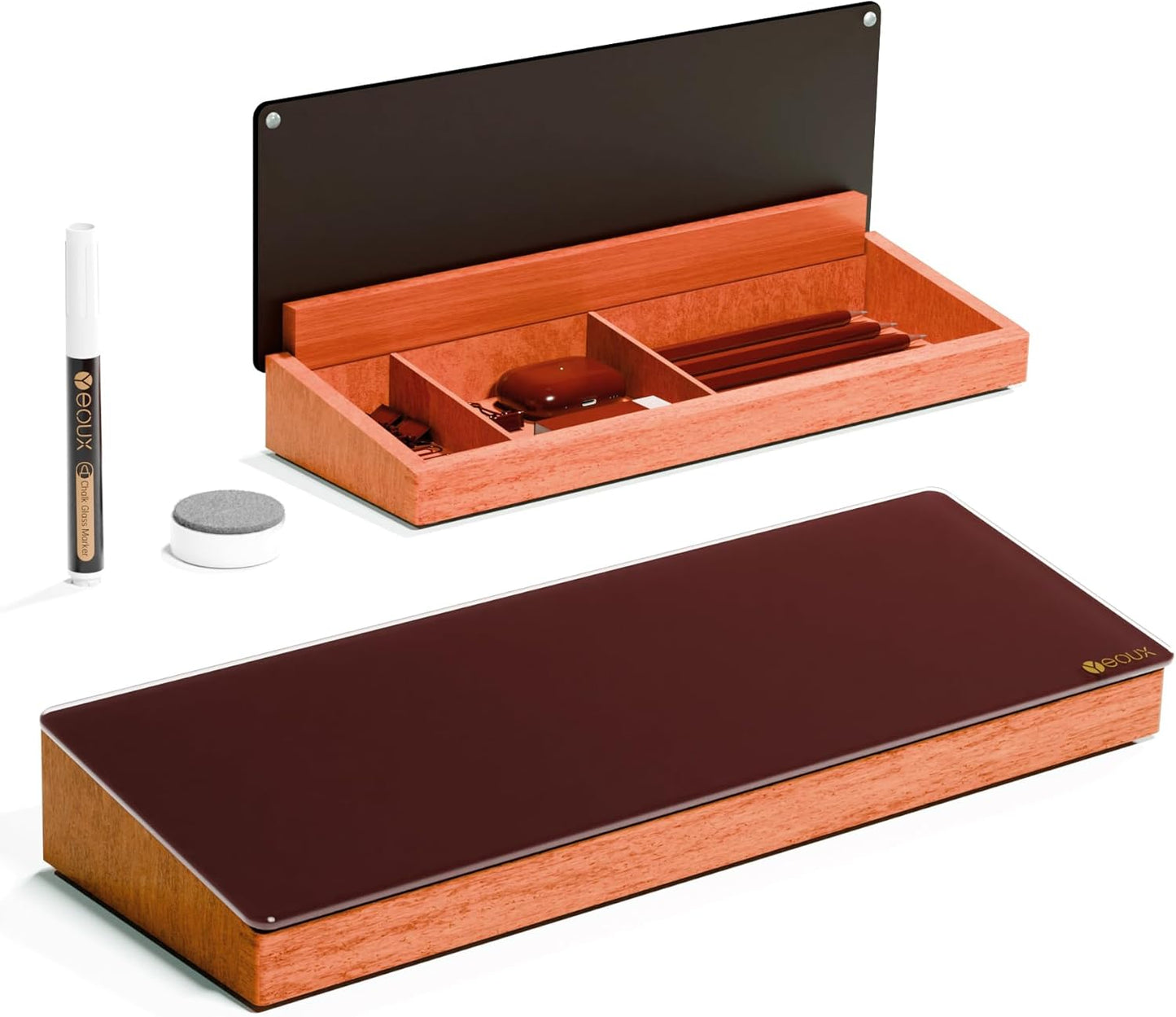 Glass Desktop Whiteboard with Wood Organizer for Small Office Accessories, Aesthetic Desk Dry Erase White Board with Drawer for Home Office Cubicle, Marker & Eraser Included, Yeoux