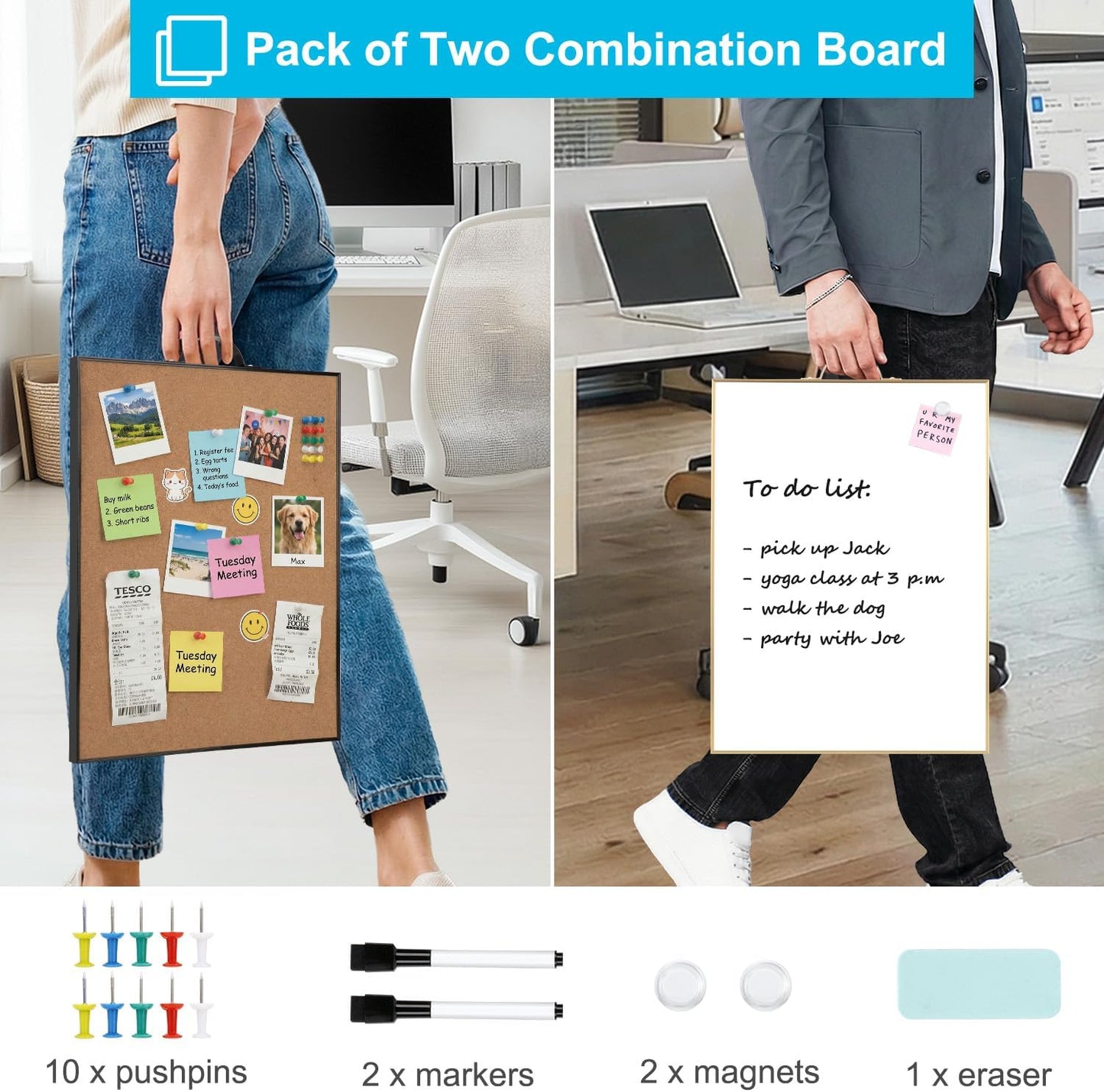 TSJ OFFICE Small Whiteboard Cork-Board - 16" X 12" Portable Aluminum Black Framed Magnetic Dry Erase Board, Small Bulletin Cork Board with Holder for Office, Home and School