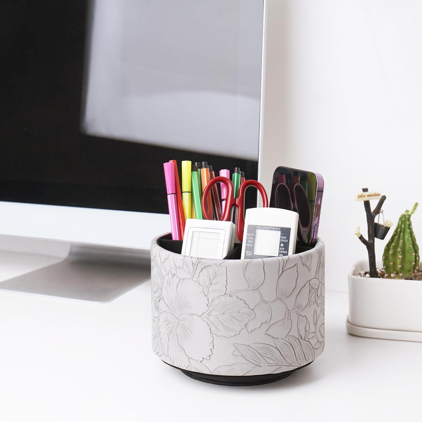 Round Leather Art Supply Organizer,Remote Control Holder,360 Degree Rotating,Multi-Functional Pencil Holder,4 Compartments Desktop Stationary Organizer(1-Fractal Flower) | Round - Colors A