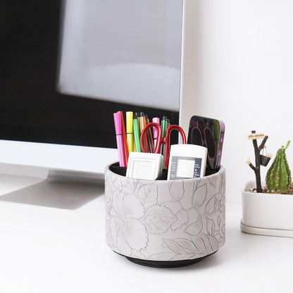 Round Leather Art Supply Organizer,Remote Control Holder,360 Degree Rotating,Multi-Functional Pencil Holder,4 Compartments Desktop Stationary Organizer(1-Fractal Flower) | Round - Colors A