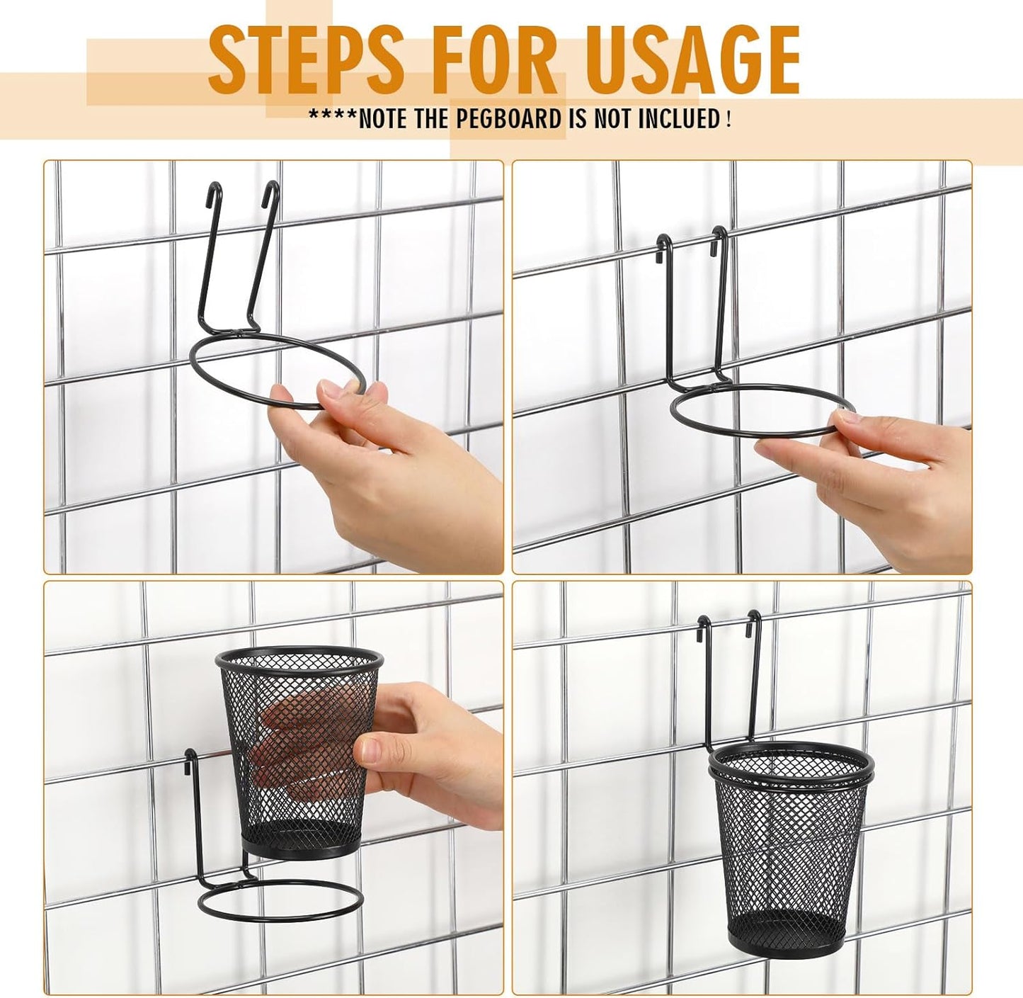 6 Sets Grid Wall Cups with Ring Hooks, hanging pencil holder Wall Mount Wire Grid Panel Pen Holder Organizer gridwall Accessories for Office Home Garage