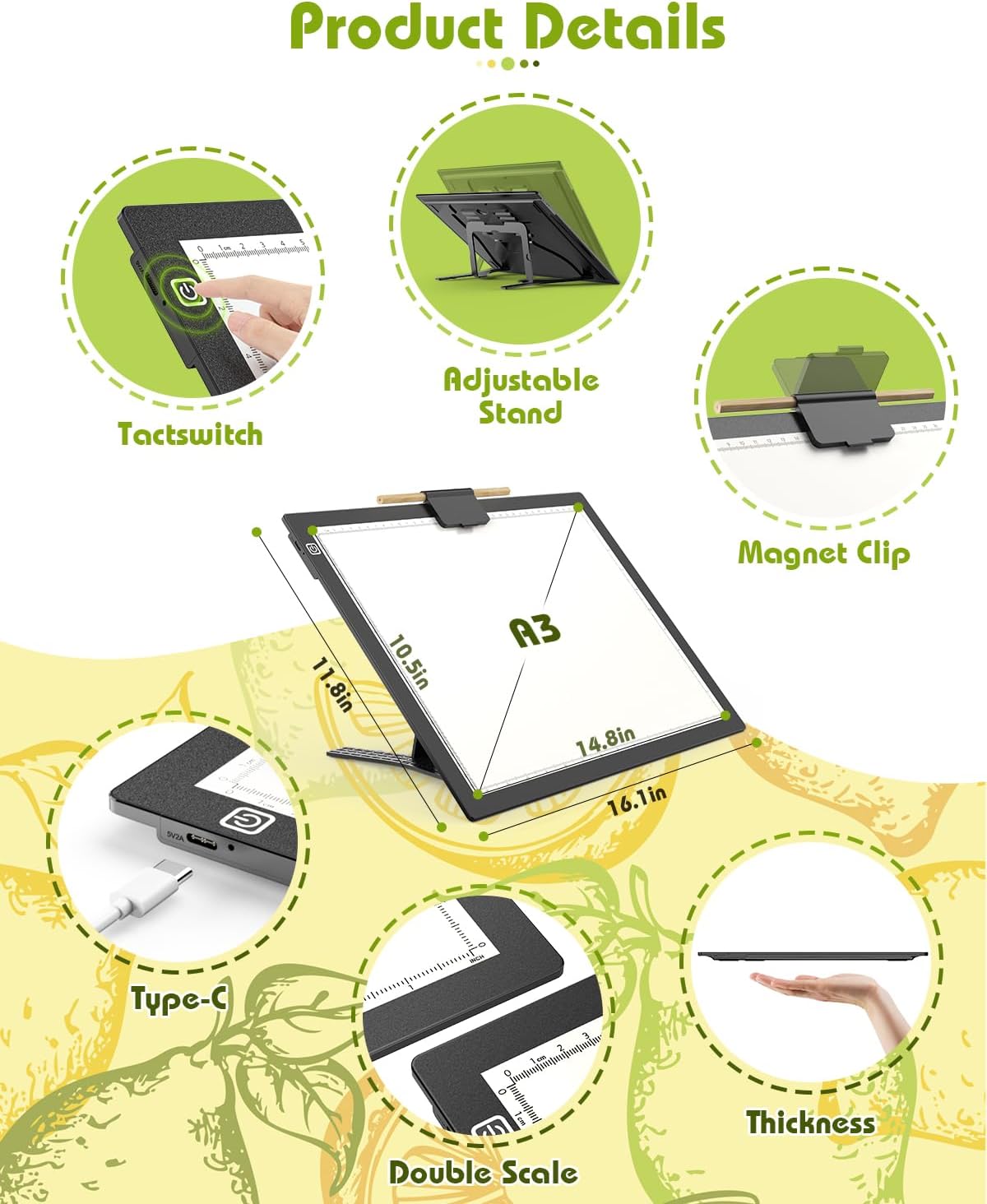 A3 Light Board for Diamond Painting, Rechargeable Battery Light Pad, Magnetic Tracing Light Box, Ultra-Thin Copy Board with 3 Colors& 6 Levels Adjustable Brightness for Drawing, Sketching, Animation