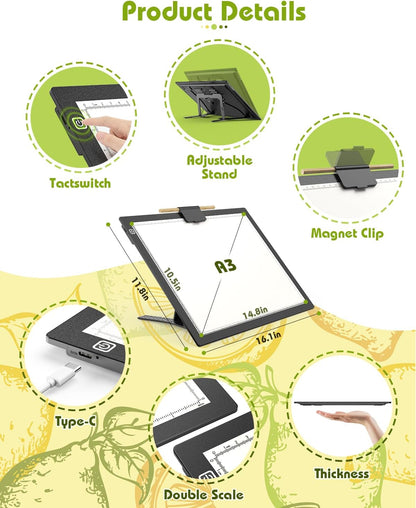 A3 Light Board for Diamond Painting, Rechargeable Battery Light Pad, Magnetic Tracing Light Box, Ultra-Thin Copy Board with 3 Colors& 6 Levels Adjustable Brightness for Drawing, Sketching, Animation
