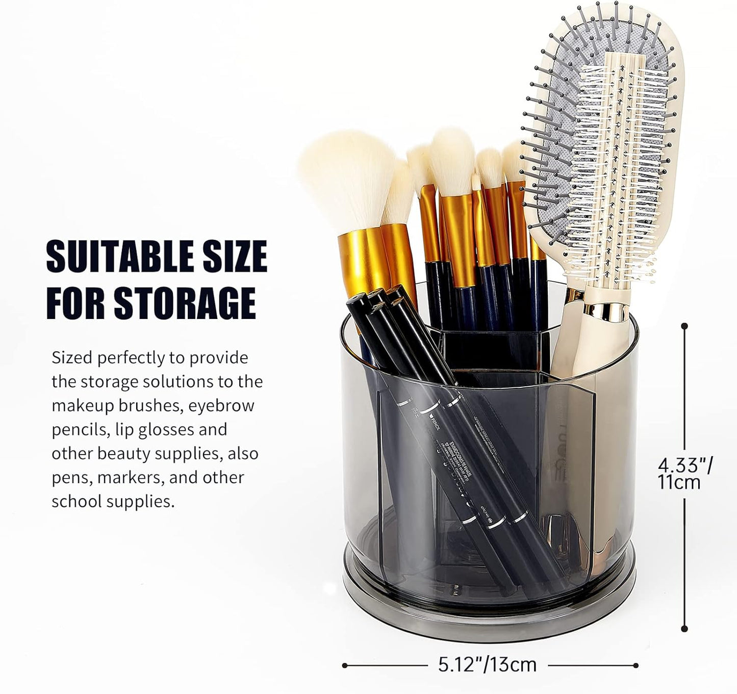 Makeup Brush Holder Organizer -Rotating 360° Clear Storage Cup Containers for Vanity, Desk, Countertop, Spinning Pen Holder for Desk, Round Make up Brush Stand with 5 Slots, for Cosmestics (Clear)