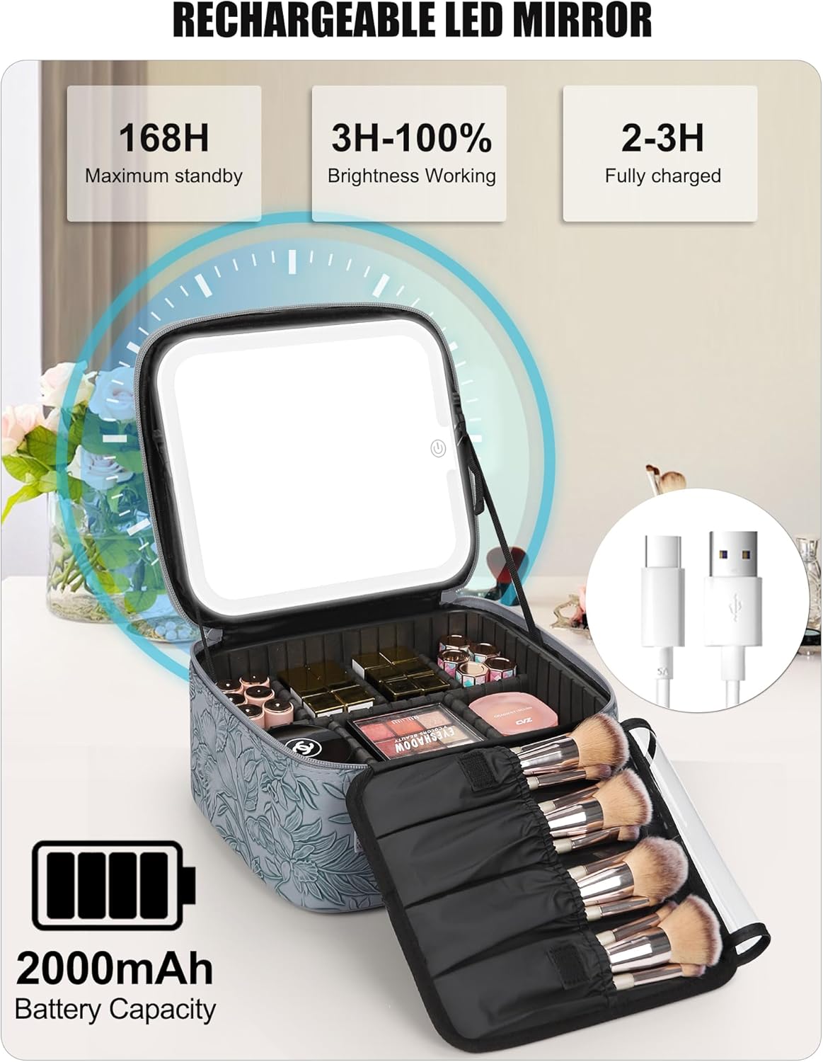 Relavel Travel Makeup Bag With LED Mirror, Cosmetic Train Case with Light up Mirror, Portable Makeup Artist Organizer Bag with Adjustable Dividers, Makeup Brush Holder Storage, Black