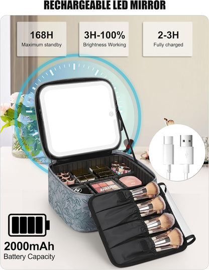 Relavel Travel Makeup Bag With LED Mirror, Cosmetic Train Case with Light up Mirror, Portable Makeup Artist Organizer Bag with Adjustable Dividers, Makeup Brush Holder Storage, Black