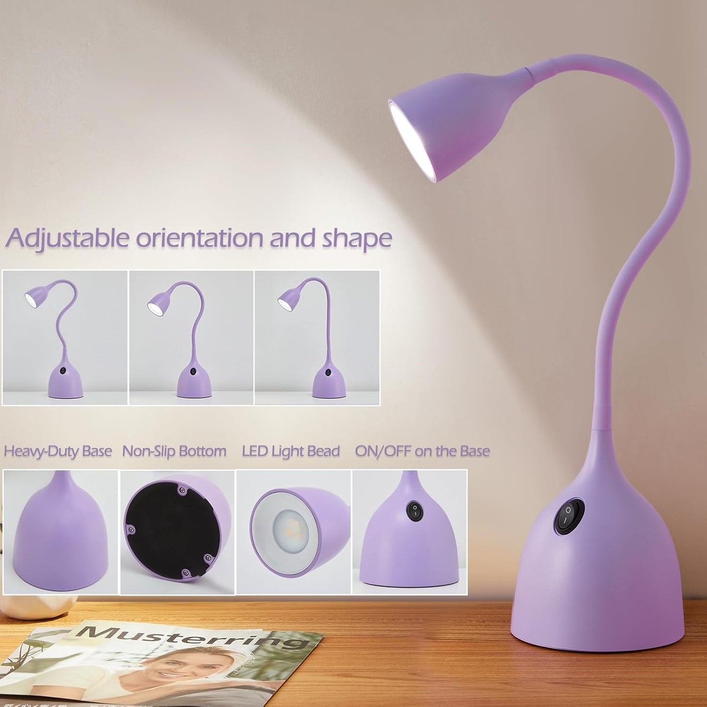 EJIAXIN Desk Lamp for Home Office - Clip on Reading Light and Bed Headboard Clamp Lamp, Bedside Gooseneck Table Lamp, Clip on Desk Lamps, Eye-Caring Desk Lamp for College Dorm Room Study Lamp, White