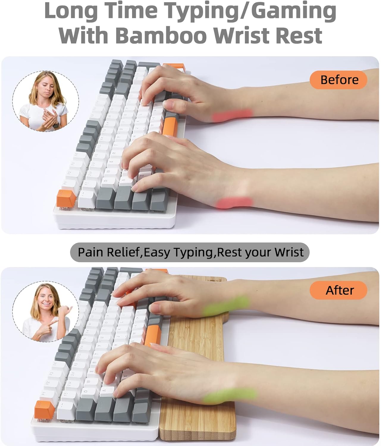 Bamboo Keyboard Wrist Rest for Computer Keyboard, Ergonomic Mechanical Keyboard Wrist Rest, Hard Wrist Rest for Pain Relief, Anti-Slip Keyboard Rest Pad for Laptop/PC Gaming/Mac (68-Key)