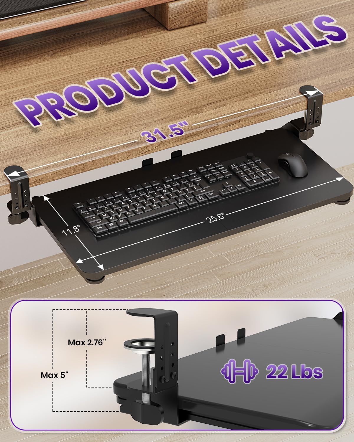Ergonomic Mouse & Keyboard Tray Under Desk, Pull Out with Adjustable C-clamp, 20 (25.9 Including Clamps) x 11.8 Inch Slide Out Computer Keyboard Drawer Mouse Tray for Typing, Rustic Brown