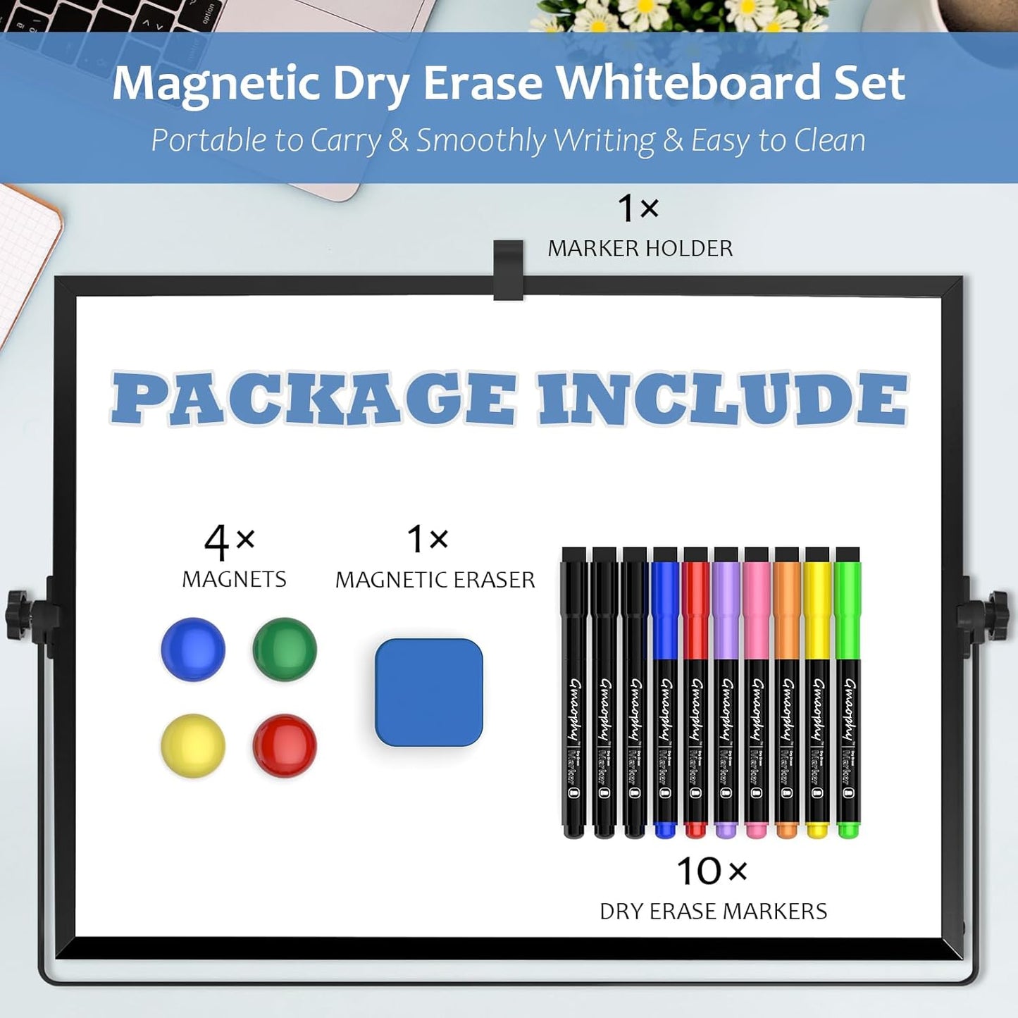 GMAOPHY Dry Erase White Board, 16inX12in Large Magnetic Desktop Whiteboard with Stand, 10 Markers, 4 Magnets, 1 Eraser, Portable Double-Sided White Board Easel for Kids Memo to Do List Desk School