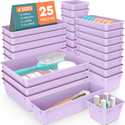 WOWBOX 25 PCS Clear Plastic Drawer Organizer Set, 4 Sizes Desk Drawer Divider Organizers and Storage Bins for Makeup, Jewelry, Gadgets for Kitchen, Bedroom, Bathroom, Office