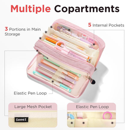 Sooez Large Pencil Case Pouch, Extra Big Pencil Bag with 8 Compartments, Pen Bag Wide Opening, Soft Quilted Pencil Pouch Organizer with Zipper, Portable Pencil Case for Teen Girls, Pink