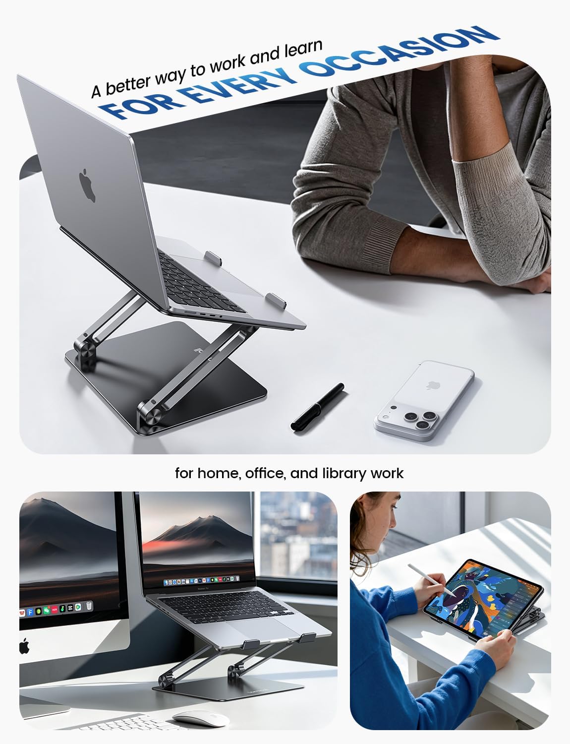Lamicall Adjustable Laptop Stand, Portable Laptop Riser, Aluminum Laptop Stand for Desk Foldable, Ergonomic Computer Notebook Stand Holder for MacBook Air Pro, Dell XPS, HP (10-17.3'') - Black