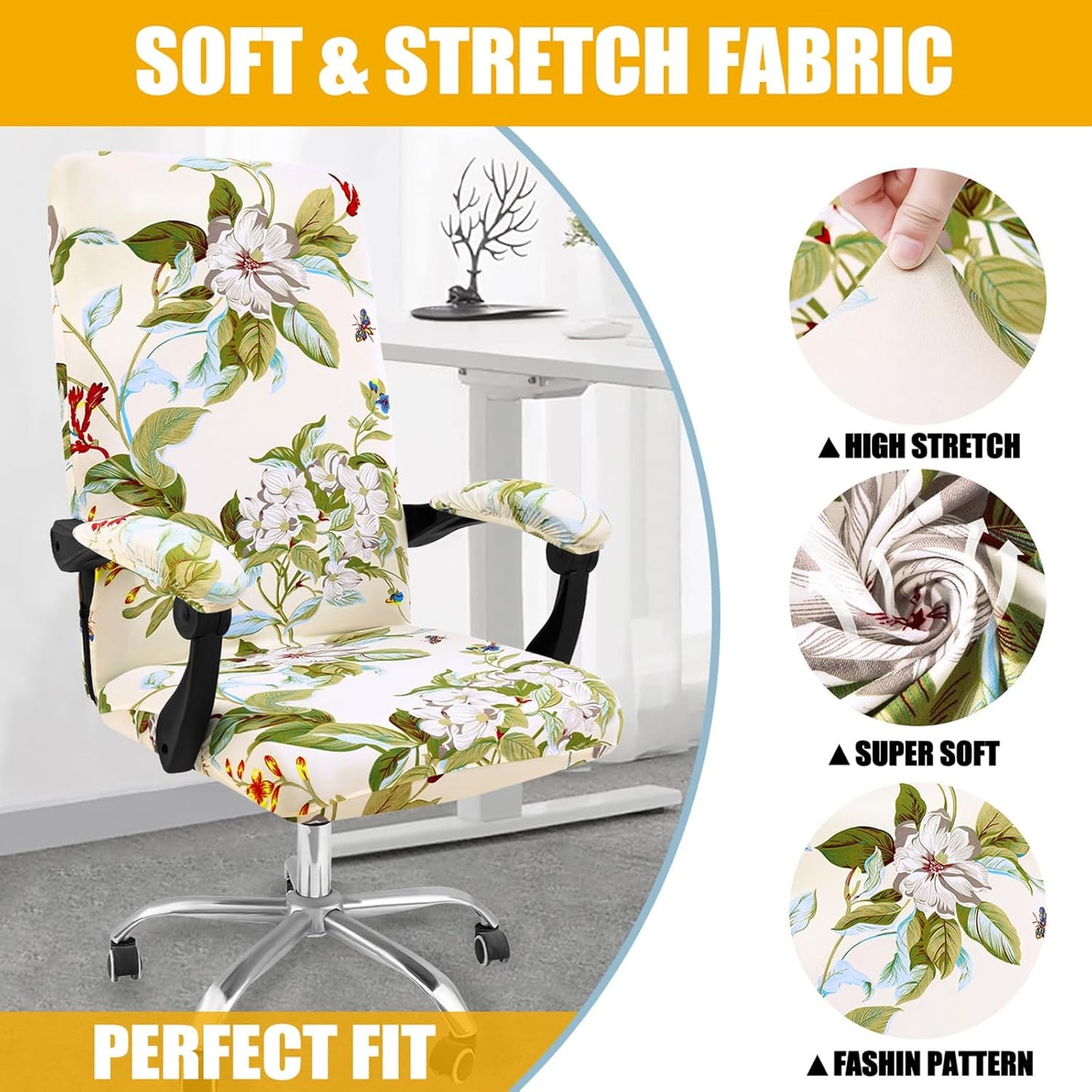 Smiry Stretch Printed Office Chair Armrest Covers, 2 Pcs Soft Fit Removable Washable Computer Desk Chair Arm Covers Protector, Black