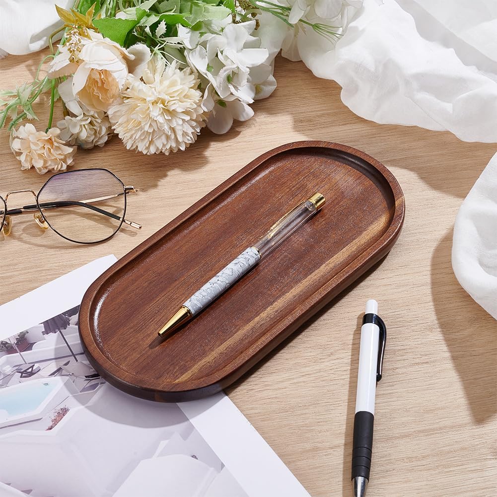 PLIGREAT Oval Wooden Pen Tray, Minimalist Brown Writing Instrument Rest Tea Coffee Table Tray for Office Desk Organizer Kitchen Tableware