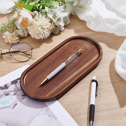 PLIGREAT Oval Wooden Pen Tray, Minimalist Brown Writing Instrument Rest Tea Coffee Table Tray for Office Desk Organizer Kitchen Tableware